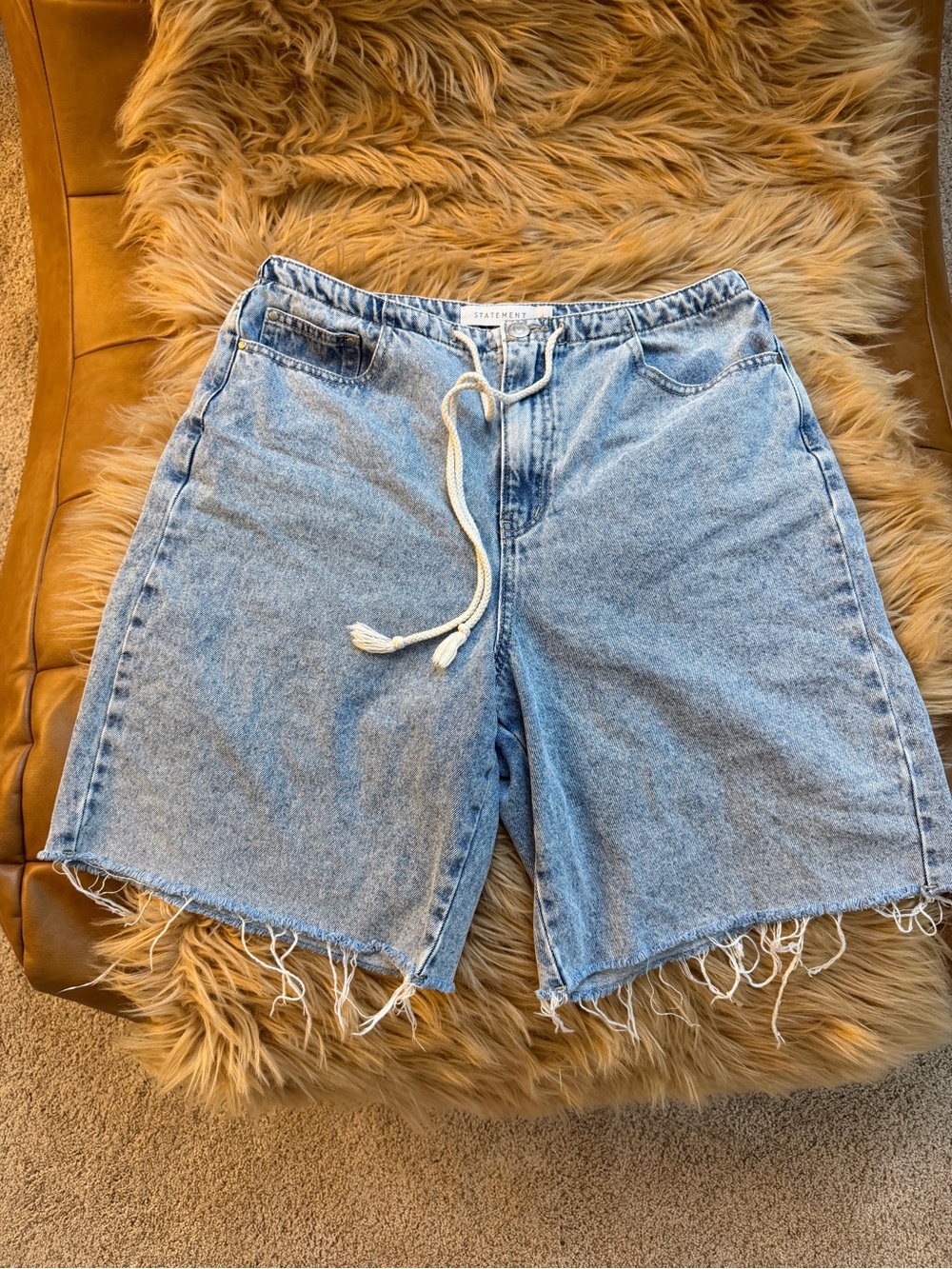 Light Blue Denim Drawstring Frayed Hem Shorts